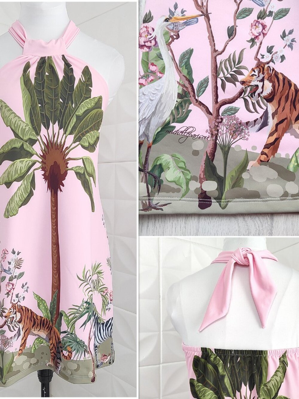 NWT Pink Stretch Halter Dress Jungle Tropical Tiger Zebra SPF 50 USA S Parisou